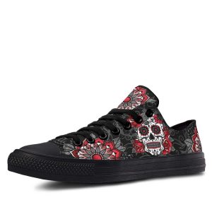 Red Mexican Skull pattern Black low-top sneakers