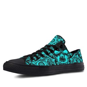 Neon Cyan Mandala Skull Black low-top sneakers