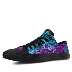 Chain, Rose and Skull Pattern Black low-top sneakers