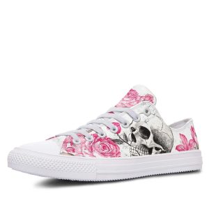 Skull with Pink Flower Pattern White low-top sneakers