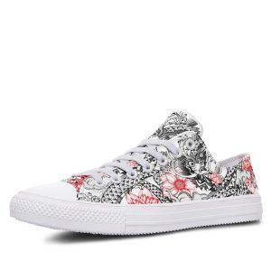 Dragon and Flower Pattern White low-top sneakers
