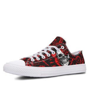 B&W Skull With Rose Pattern White low-top sneakers